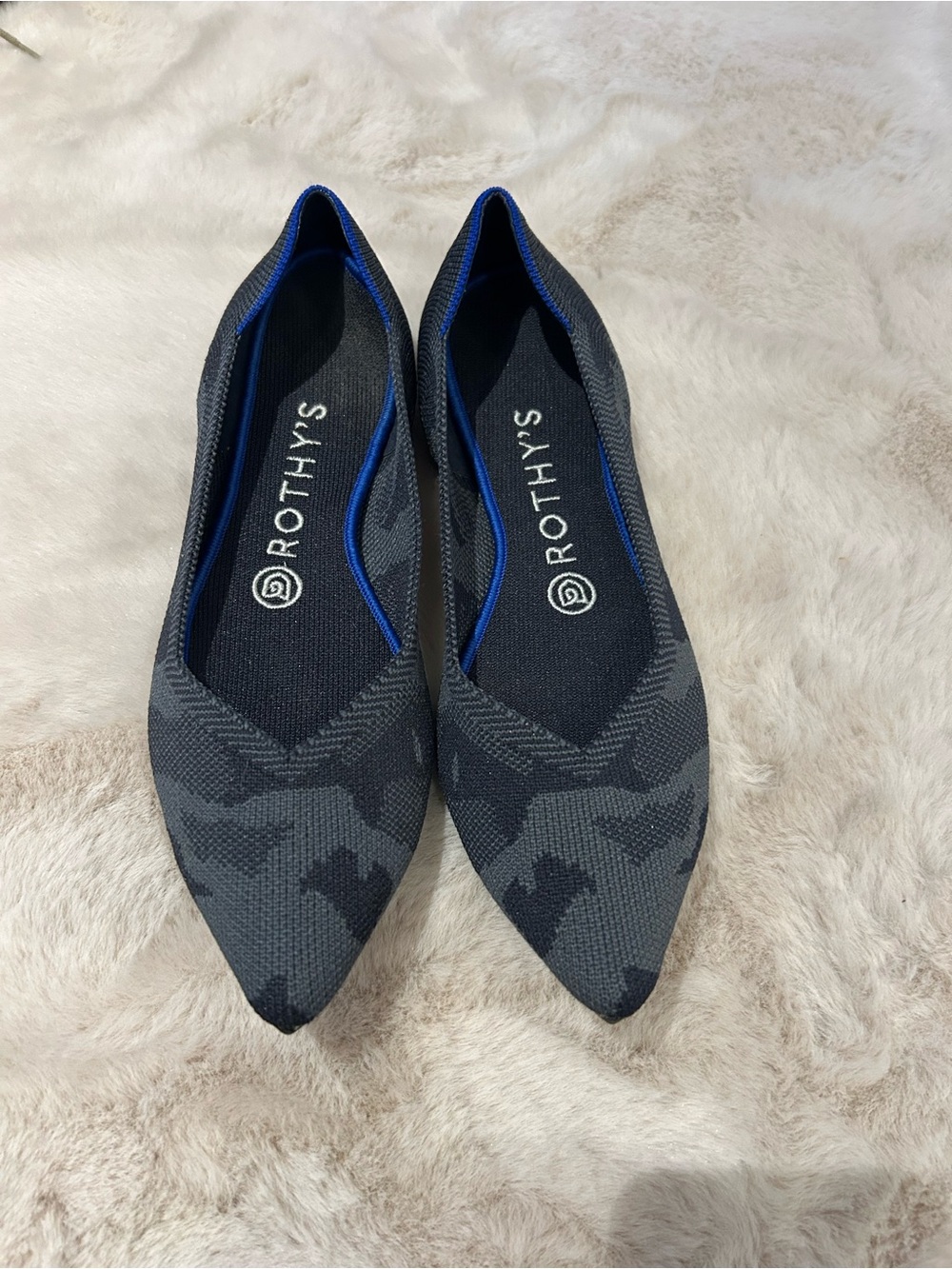 Rothy's Pointed Knit Flats in Charcoal and Black with Blue Trim